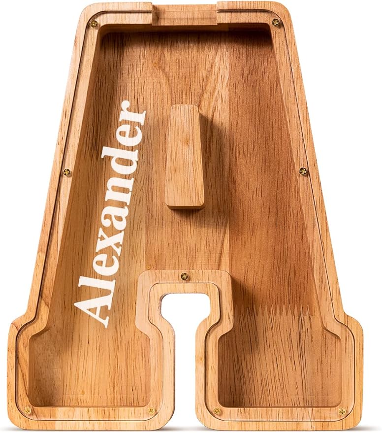 Handgefertigte Holz-Spardose in Buchstabenform (personalisierbar)
