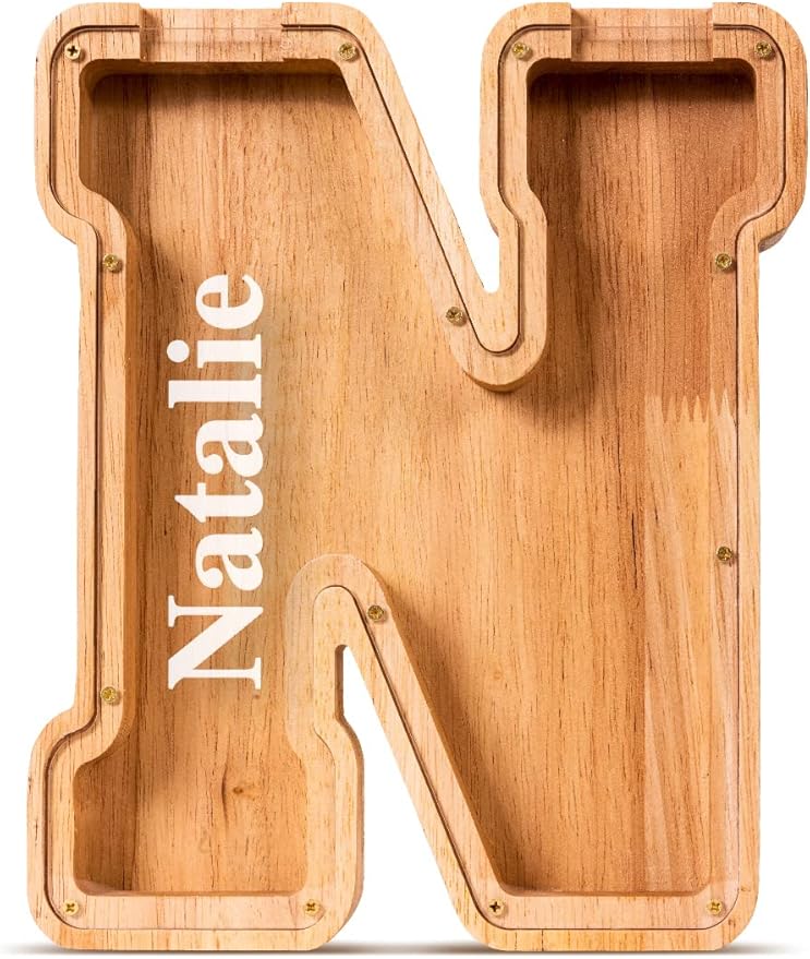 Handgefertigte Holz-Spardose in Buchstabenform (personalisierbar)