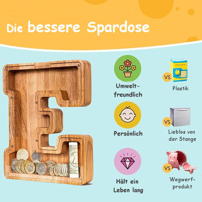 Handgefertigte Holz-Spardose in Buchstabenform (personalisierbar)