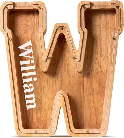 Handgefertigte Holz-Spardose in Buchstabenform (personalisierbar)