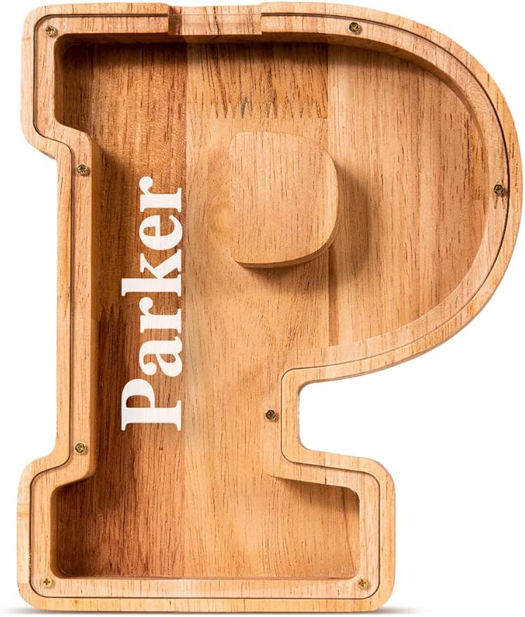 Handgefertigte Holz-Spardose in Buchstabenform (personalisierbar)