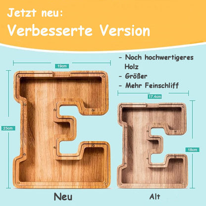 Handgefertigte Holz-Spardose in Buchstabenform (personalisierbar)
