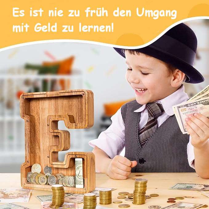 Handgefertigte Holz-Spardose in Buchstabenform (personalisierbar)